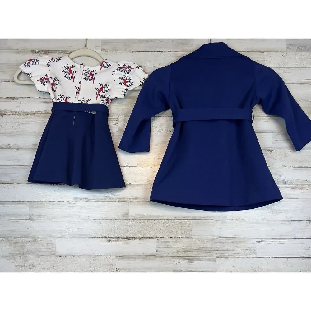Vintage Handmade Girls Navy Coat & Bird‑Print Dress Set
